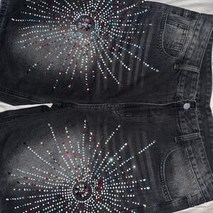 ROMWE Black Jean Shorts with Colorful Rhinestones